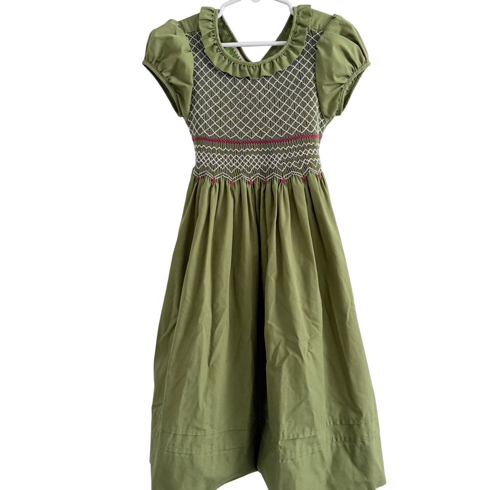 Le Za Me Smocked Dress Girls 6X Sage Green Hand Smocked Ruffle Puff Sleeve